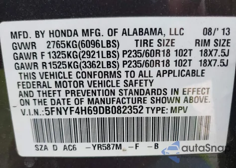 2013 Honda Pilot Ex-L from USA, damaged, VIN 5FNYF4H69DB082352